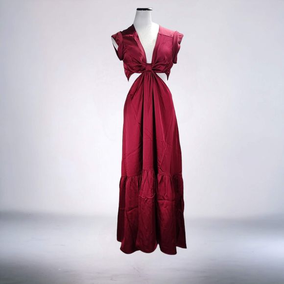 Jason Wu Waist Cut Out Midi Dress Size M Red Satin Ruffle Hem - Picture 1 of 12